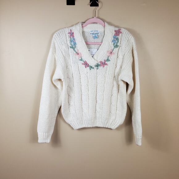 Vintage Currants White Chunky Cable Knit Floral Embroidered V-neck Sweater S - Picture 1 of 10